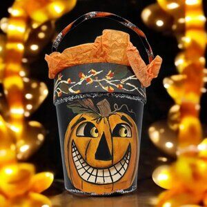 Halloween Pumpkin Treat Bucket Primitive Tissue Paper Hand Painted Pail